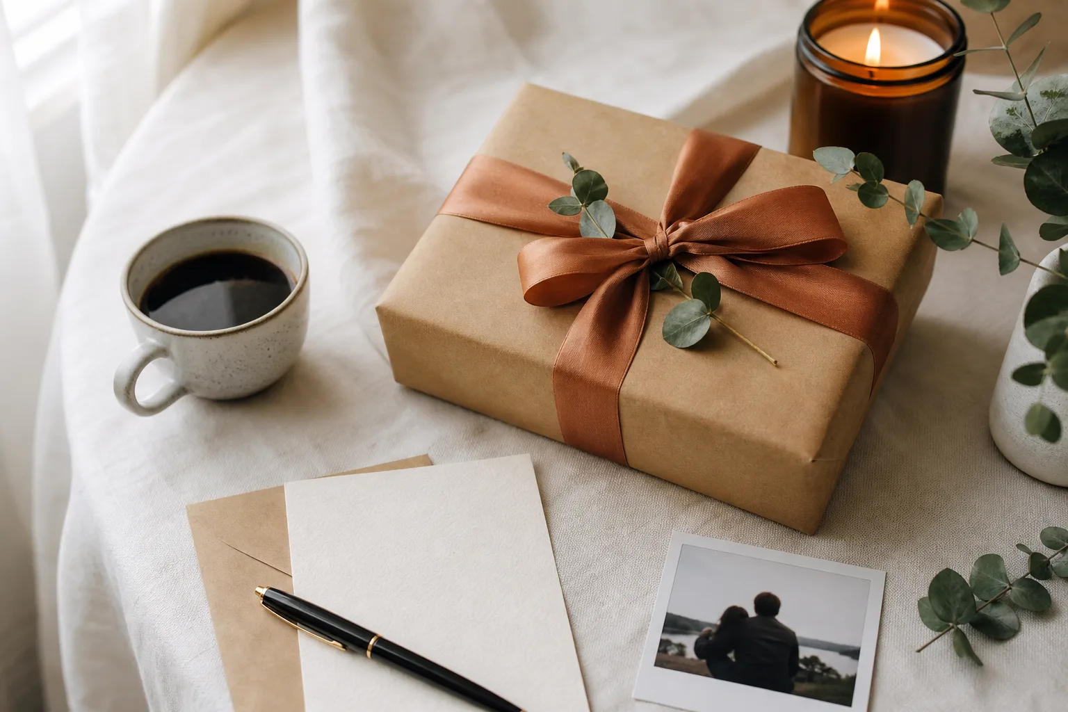 A personalized gift wrapped with a terracotta ribbon beside a note, coffee, and a couple photo
